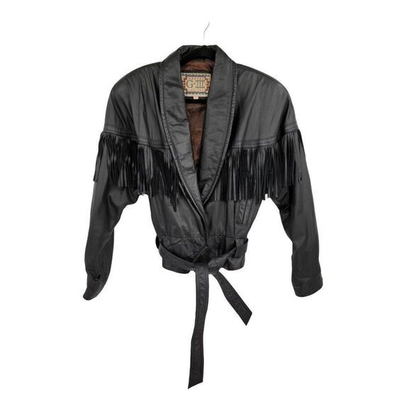 Vintage 80's G-III Rocker Fringed Leather Belted Bomber Jacket Black Size L - Picture 1 of 9